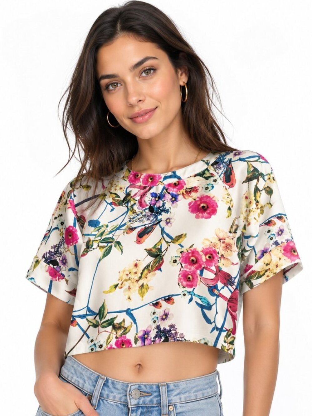 Gracia Multicolor Floral Zip Shoulder Crop Top